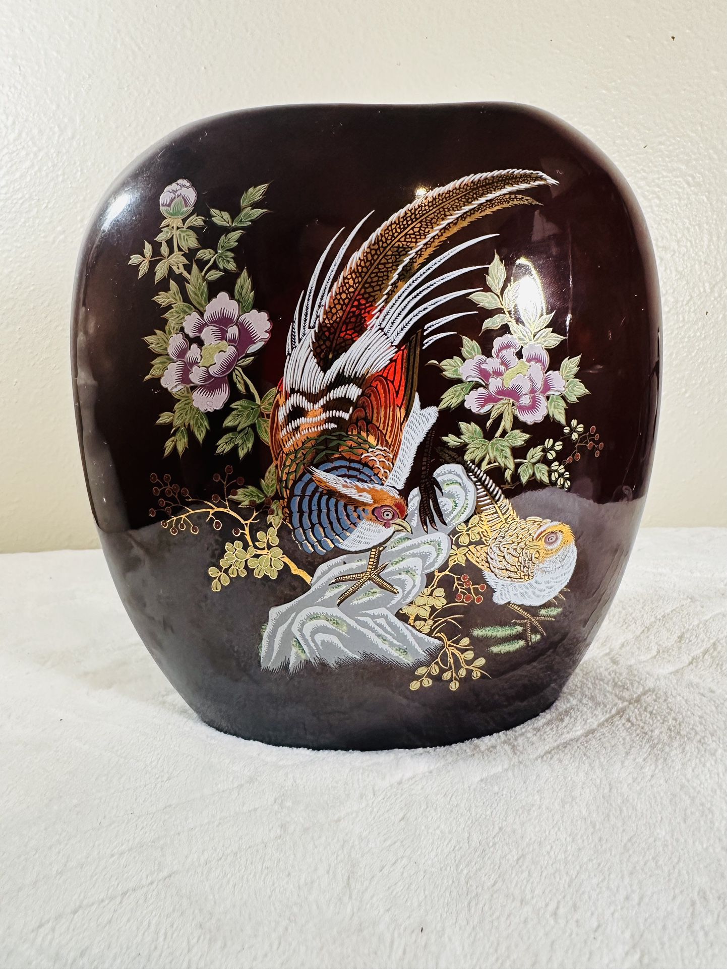 Vintage Hand Painted Made In Japan 7 1/2"  Vase Flowers And Birds 