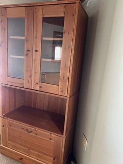 Cabinet With Glass Doors And Three Adjustable Shelves, Plus Open Storage, Plus Filing Drawer