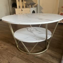 Ivinta 2-Tier Round Coffee Table, 31.5 Inch Modern White/Gold Cocktail Tea Table for Living Room