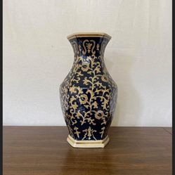 14"H Antique Navy Blue Gold Hexagon Tall Vase Chinoiserie Mantel Décor