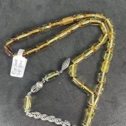 Natural Dominican Green amber 21gr 33 BEADS ROSARY 15gr Tesbih, Silver 925 6gr
