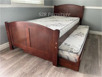 Twin Twin Size Cherry Trundle Bed With Ortho Mattress 