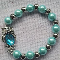 Blue And Silver Bead Stretch Bracelet With Owl
