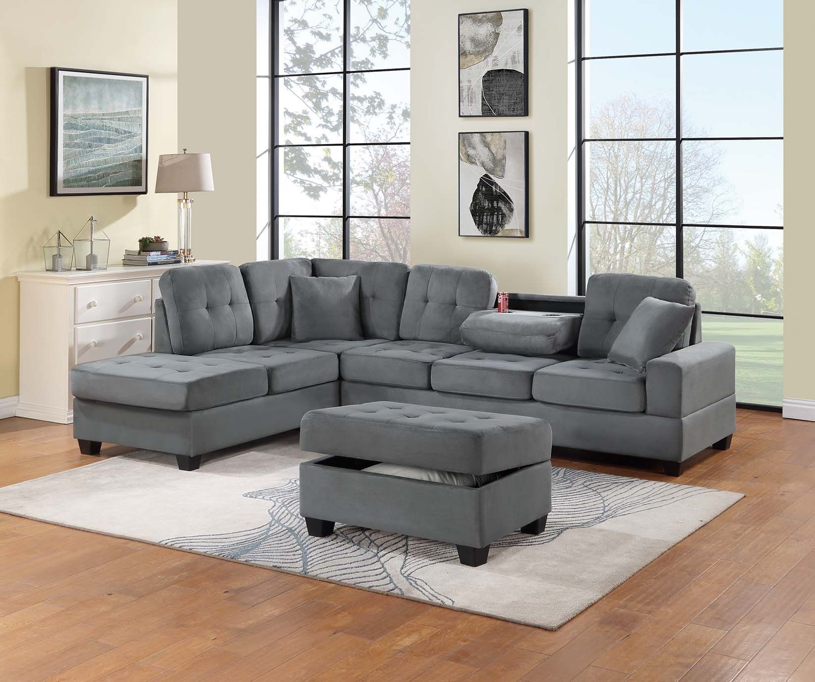 Brand new 111" x 80" dark gray or brown plush microfiber reversible sectional + storage ottoman
