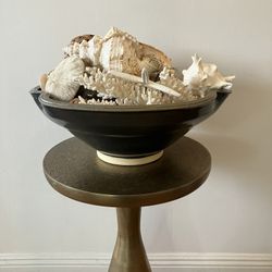 ANTIQUE BOWL WITH CORAL, SHELLS, JAPANESE GLASS ORBS, THAI WOVEN BALLS 