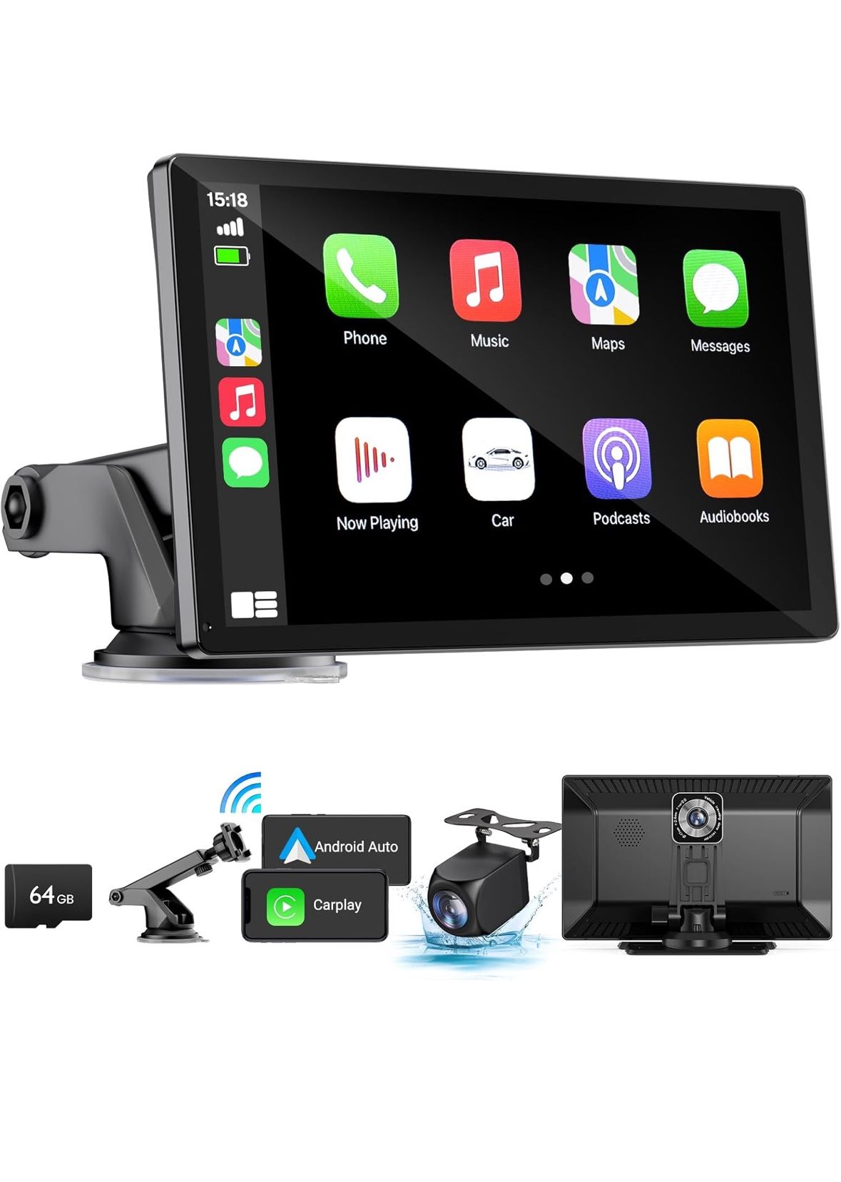Wireless Apple Carplay Screen for Car 4K Dash Cam, 9" Portable Apple Carplay & Android Auto Car Stereo, with 1080p Backup Camera, GPS Navigation/Mirro