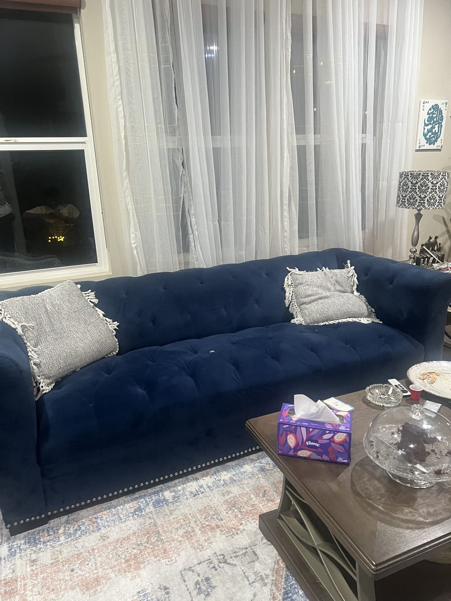 Blue Velvet Living Room Set – Sofa + 2 Loveseats