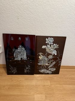 Vintage Asian Red/Black Lacquer Mother of Pearl Inlay Panel 