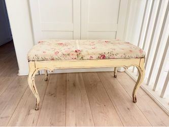 French Country Bench – Rachel Ashwell Floral Upholstery – Distressed Cream Wood