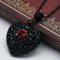 Brand New Beautiful Red Rose Black Heart Pendant Necklace 