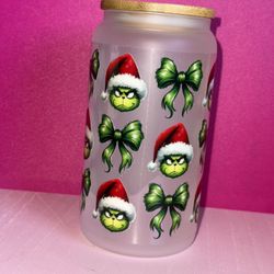 Grinch And Coquette Bow Frosted Cup