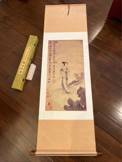 Japanese Hanging Scroll Geisha Silk Art Wall Decor Lady Ban Holding a Fan 70"