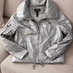 Ralph Lauren Women M Silver Foil Metallic Hooded Jacket Windbreaker Lightweight