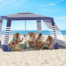New Beach Cabana, 8 * 8FT Beach Tent UPF50+ Protection, Easy Setup Beach Canopy Wind Resistant with Cup Holder, Compact Beach Shade Foldable Beach