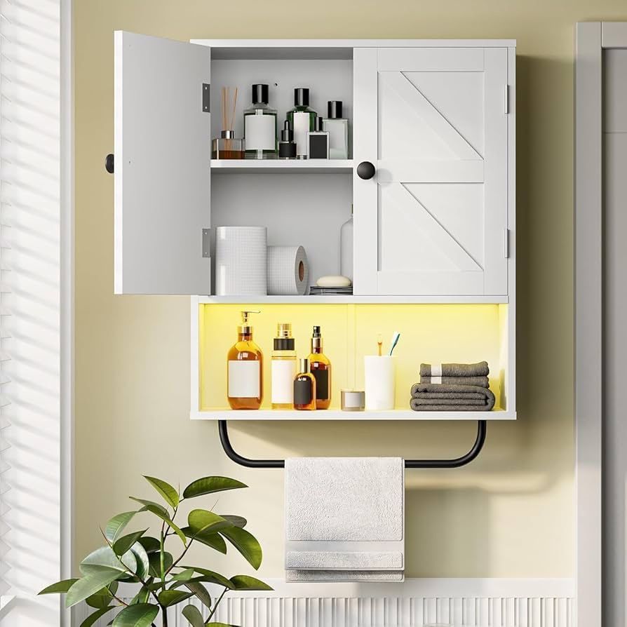 Farmhouse Medicine Cabinet with 2 Barn Doors, Wood Bathroom Cabinet Wall Mount with Adjustable Shelves & Towel Bar, Kitchen Wall Cabinet, Wa
