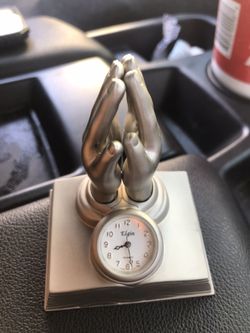 Elgin Mini Desk Clock Praying Hands Heavy Metal