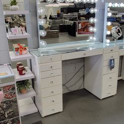 White 15- Drawer Vanity Set With Desk And Mirror (Shelf Not Included)