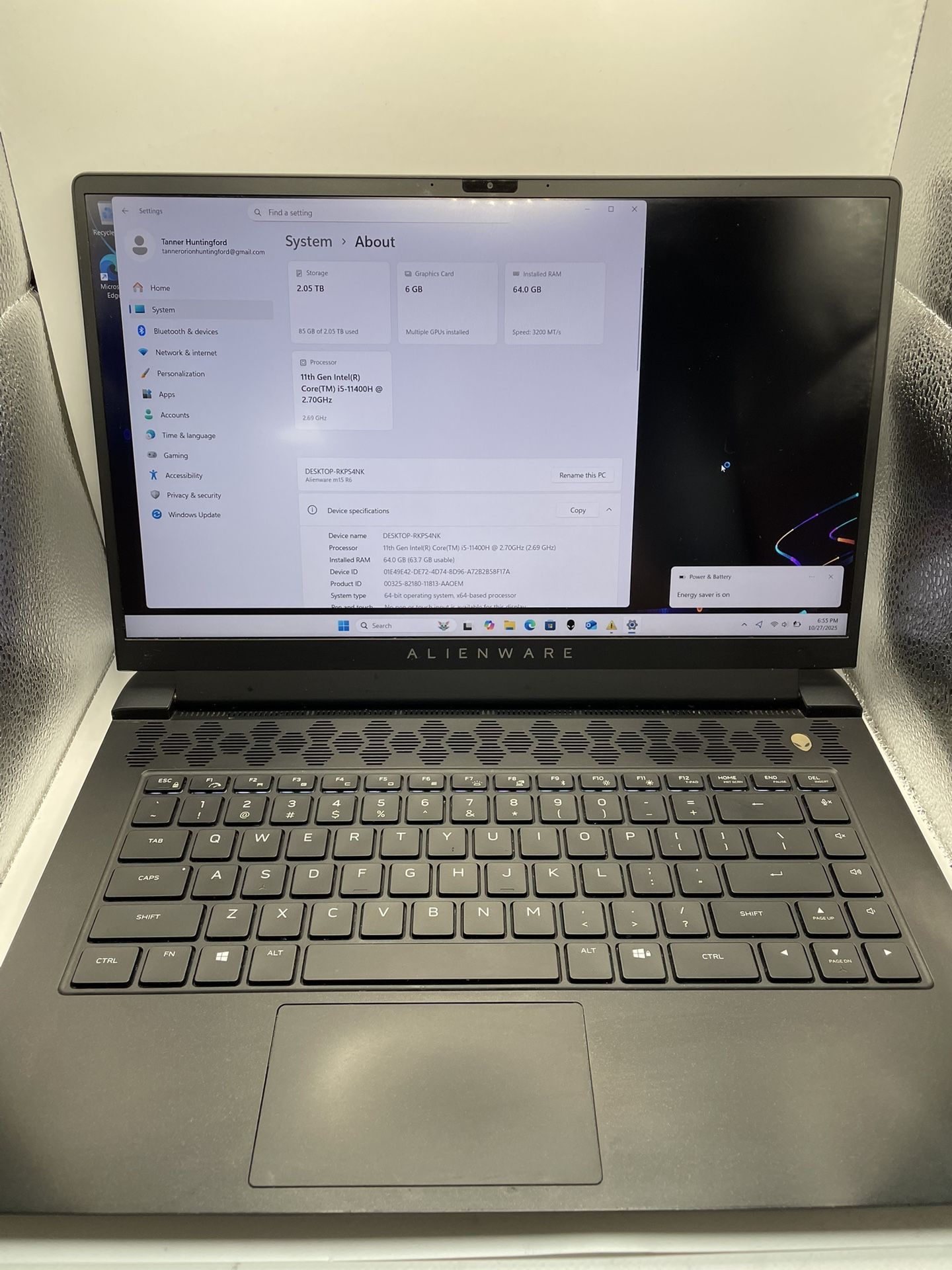 Alienware M15 R6 - 2tb, 64GB RAM, 3060 6gb - Works Perfectly - For Sale Or Trade