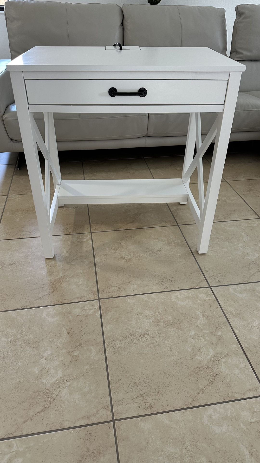 White Desk With Center Drawer, Shelf Space And Plug/USB Outlet