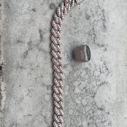 2 Tone Iced Out Rose Gold Bracelet & Iced Out Ring 