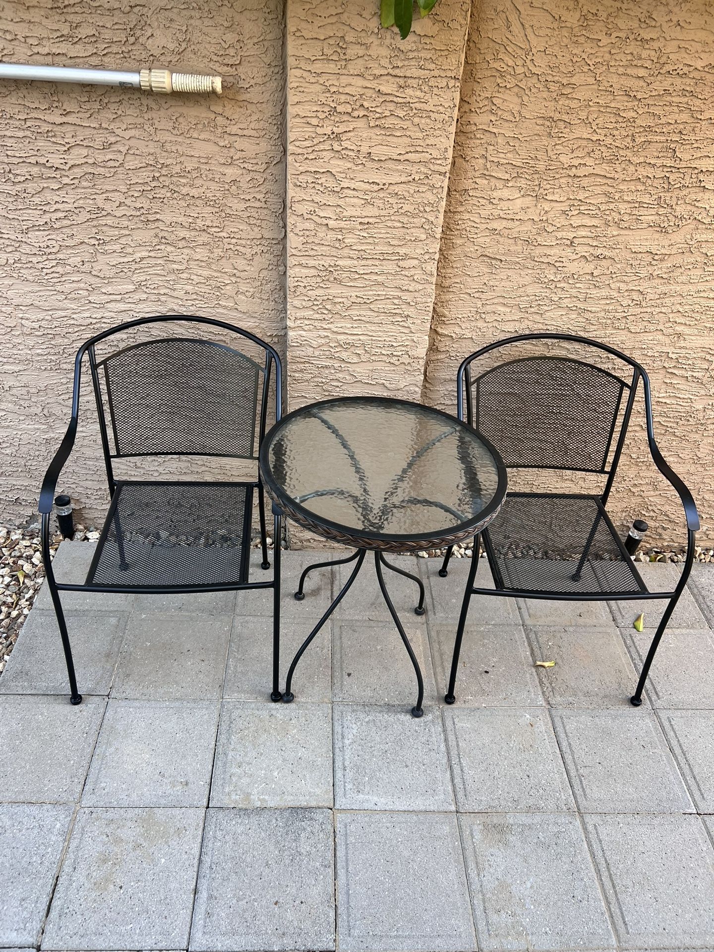 3 Piece Outdoor Bistro Set- Outdoor Dining Table w/ Brand New Black Steel Chairs