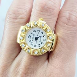 Gold diamond face women's girl's Quartz ring watch Gift