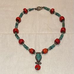 Silver Coral And Turquoise Vintage Design Necklace