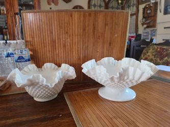 • Vintage Fenton White Hobnail Milk Glass Bowls Set, Ruffled Pedestal & Footed
• Set of 2 Fenton Hobnail Milk Glass Dishes, Footed Candy Bowl & Pedest
