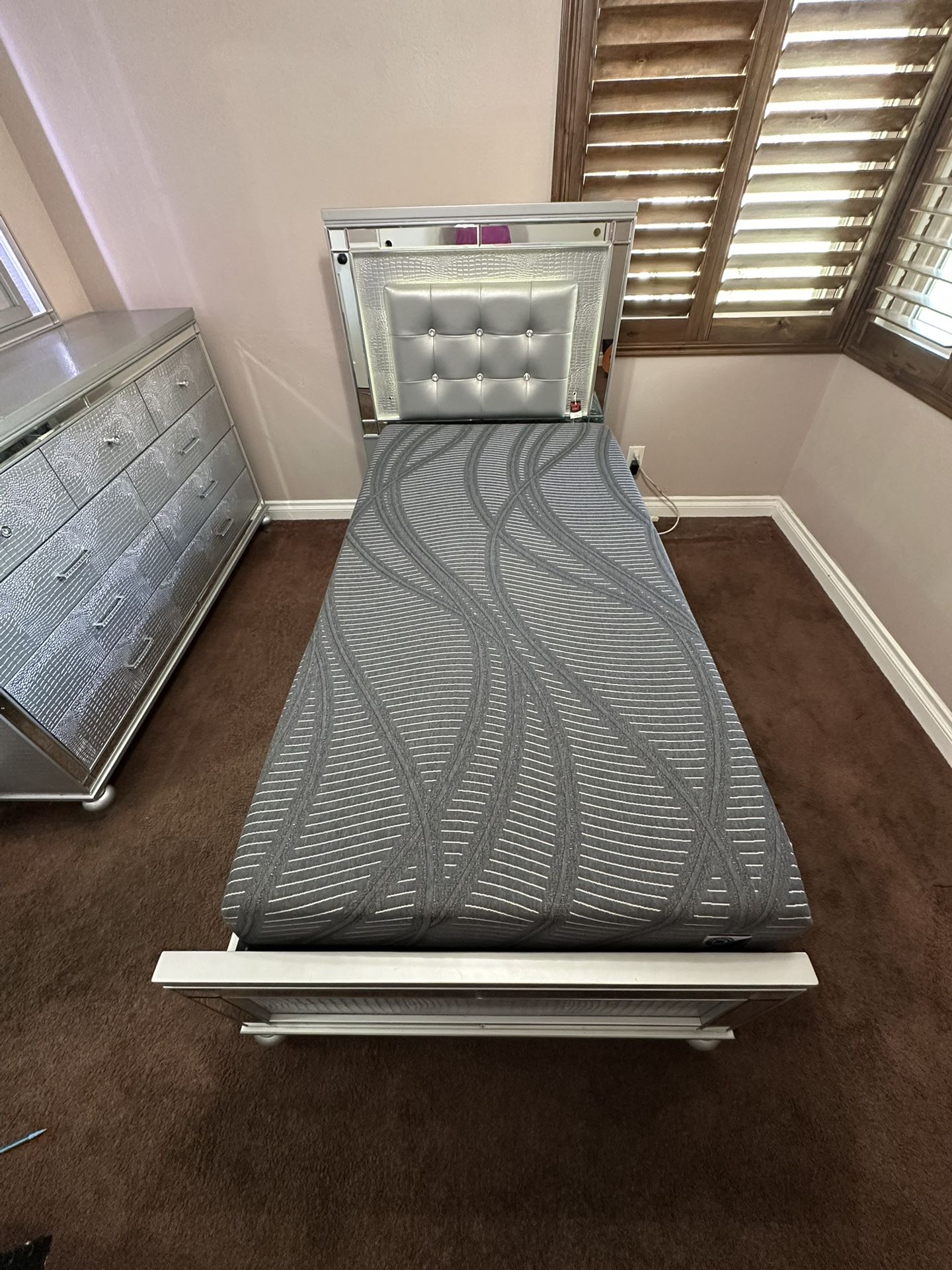 Twin Bed, Dresser And Mirror
