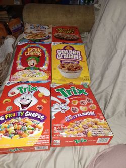 Cinnamon toast crunch.reeces puffs.lucky charms.golden grahams.and trix