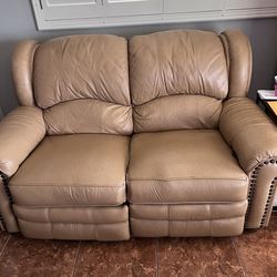 Leather Love Seat Recliner And Cocktail Table With Tempered Glass