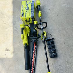 RYOBI ONE+ HP 18V Brushless String Trimmer, Leaf Blower, Hedge Trimmer, & 10 in. Chainsaw with (4) 1.5 Ah Batteries & (1) Charger