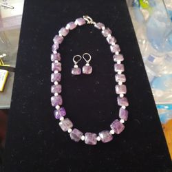 Amethyst with Pearls Necklace and Earrings Set