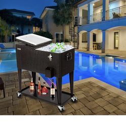 80 Quart Rolling Ice Chest on Wheels, Portable Patio Party Bar Drink Cooler Cart, Wicker PP Rattan with Shelf, Beverage Pool with Bottle Opener