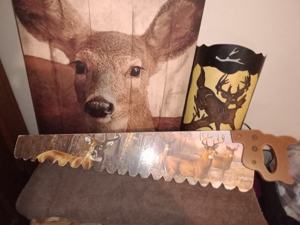 Deer Sconce Wall Light, Deer Picture On Canvas & Deer Scene On A Hand Saw(Not A Real Handsaw). Price Is For All 