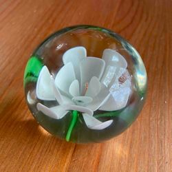 White Lotus Flower Art Glass Paperweight 