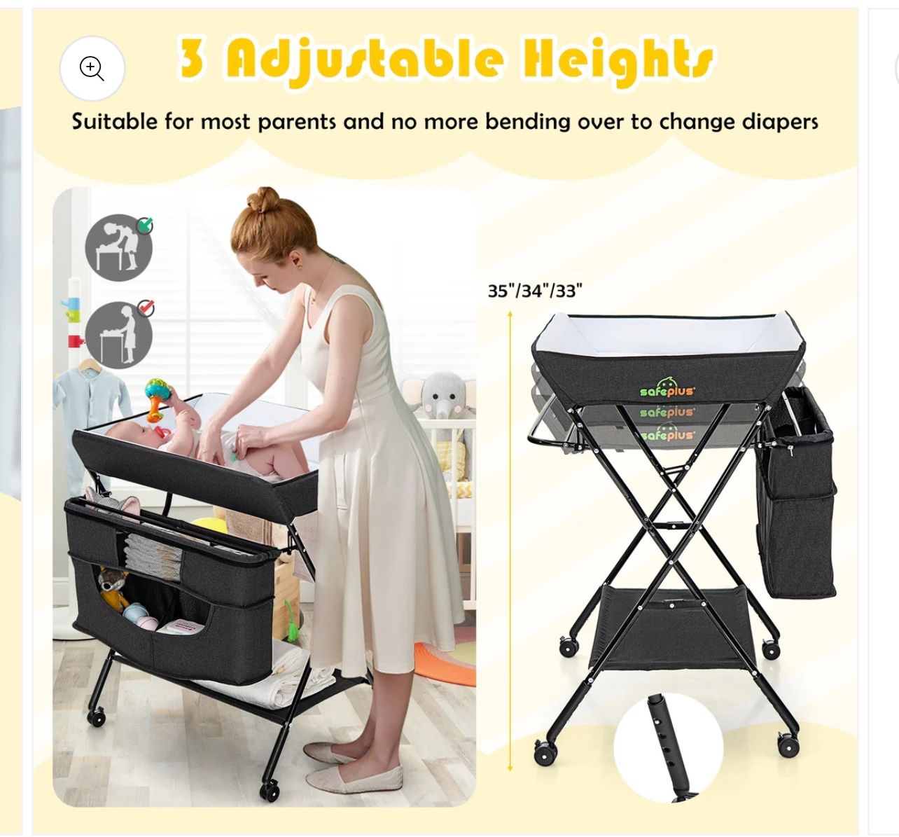 Changing Table, Portable Baby Changing Table Foldable Diaper Changing Station with Safety Belt, Large Storage Rack & Shelf, Nursery Organizer for Newb