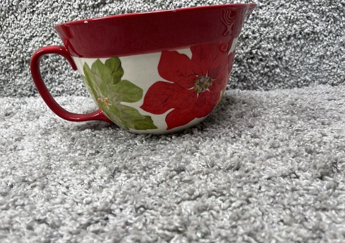 Pioneer Woman Christmas Stoneware Batter Bowl Pointsettia 2.83 Qt Red White