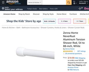 Zenna Home NeverRust Aluminum Tension Shower Rod, 54 to 88-inch, White