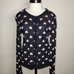 Forever 21 Juniors Navy Blue w/ Light Pink Heart Button Thin Cardigan Sz Large