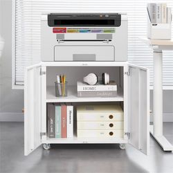 Metal Printer Stand with Storage Mobile Printer Tables for Small Spaces with Door Adjustable Shelf File Cabinet on Wheels for Home Office (White) 
