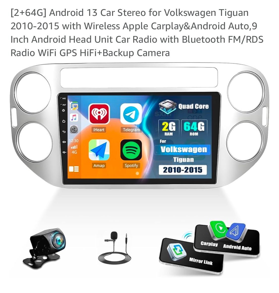 2+64G] Android 13 Car Stereo for Volkswagen Tiguan 2010-2015 with Wireless Apple Carplay&Android Auto,9 Inch Android Head Unit Car Radio with Bluetoot