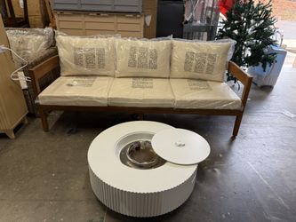 Brand New Outdoor 3-Seater Acacia Wood Sofa + Modern Fire Pit Table Set | Cream Cushions