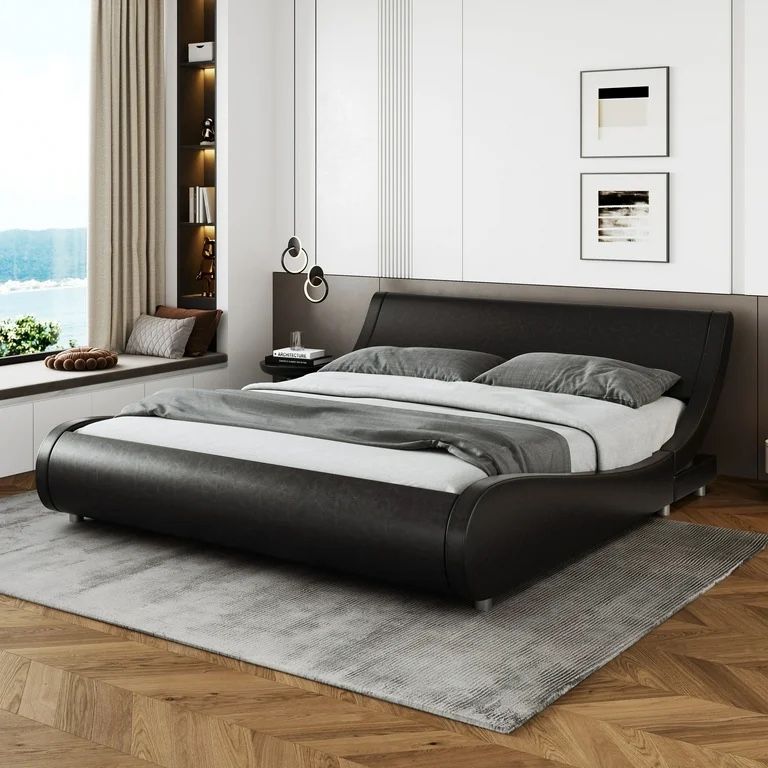 Black Faux Leather Queen Size Platform Bed