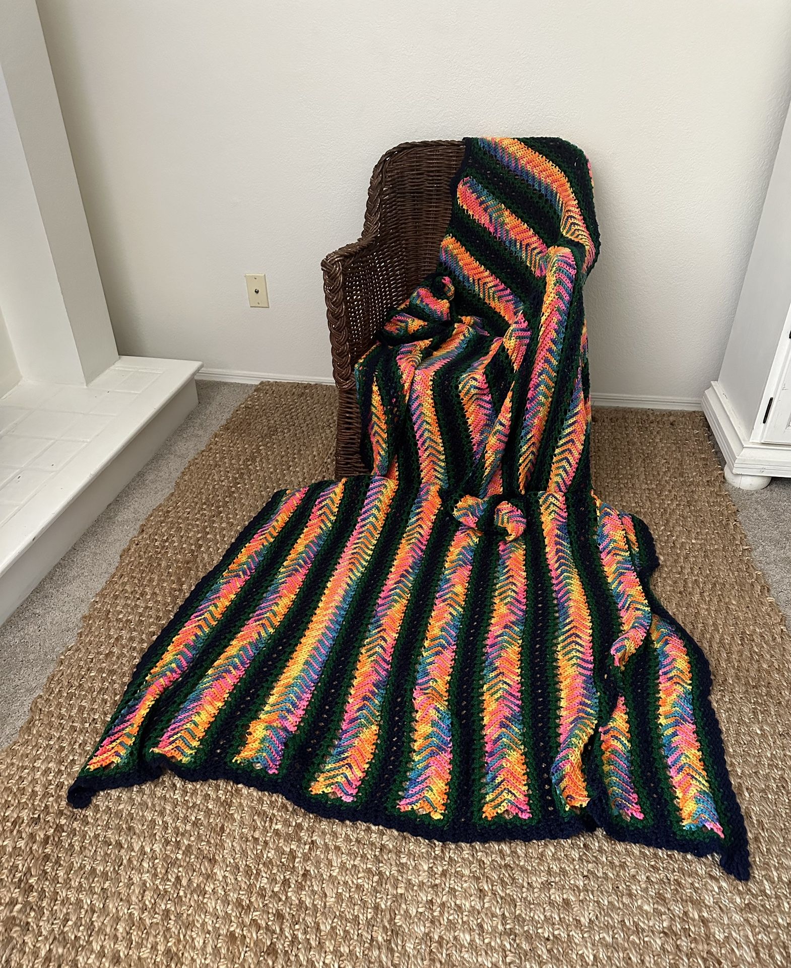 Vintage Boho MCM Jungalow Multi Colors Knitted Throw Blanket