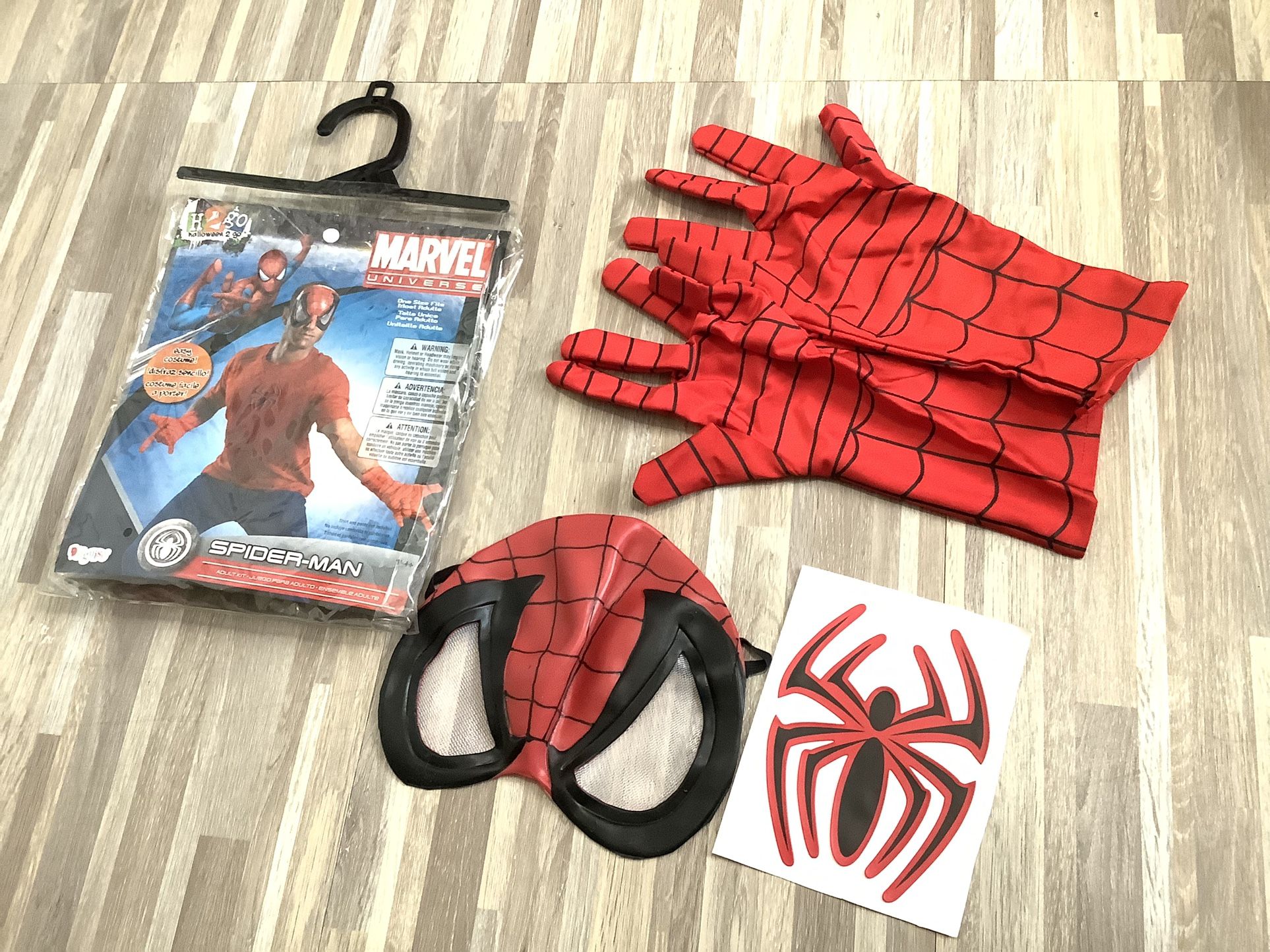 Halloween Costume, Spiderman Gloves, Mask, and Sticker Emblem, FITS MOST ADULTS