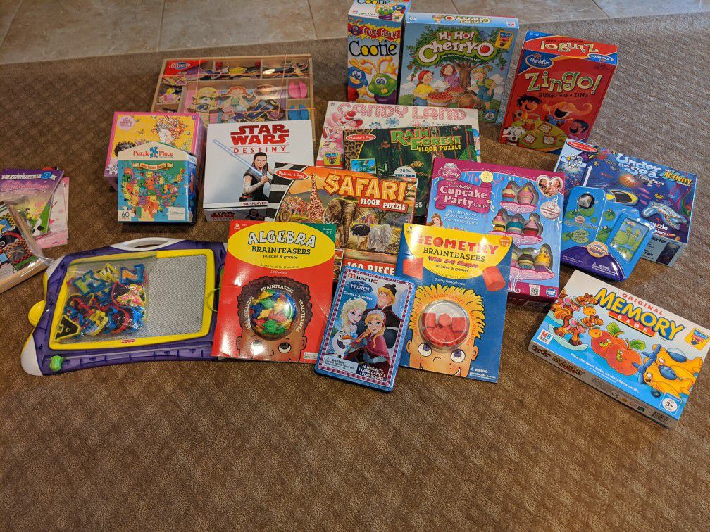 Various board games and puzzles