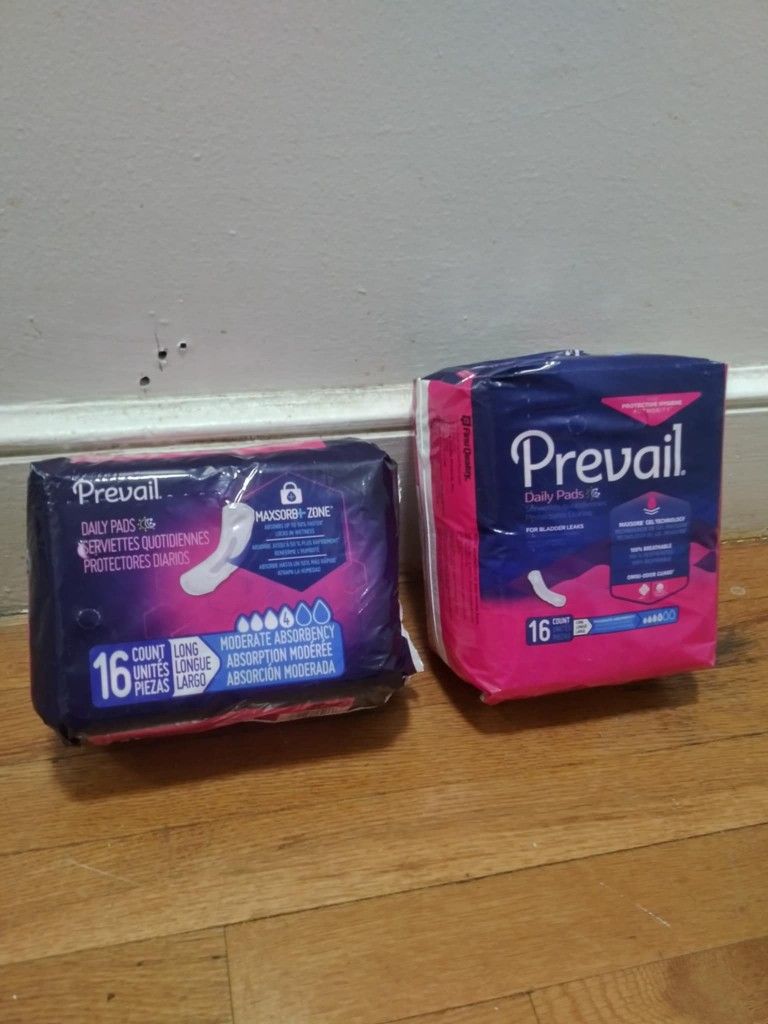 2 Packs Of Prevail Feminine Pads, 16 Count, Discreet Comfort, And Leakage Protection Sealed. Message me anytime if interested will send more pictures