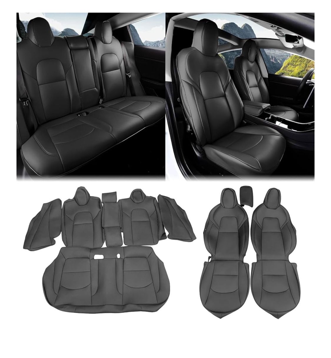 IKON MOTORSPORTS, Full Set Car Seat Covers Compatible with 2017-2023 Tesla Model 3 4-Door, Black Nappa Leather Front & Rear 5-Seat Seat Cover Cushion