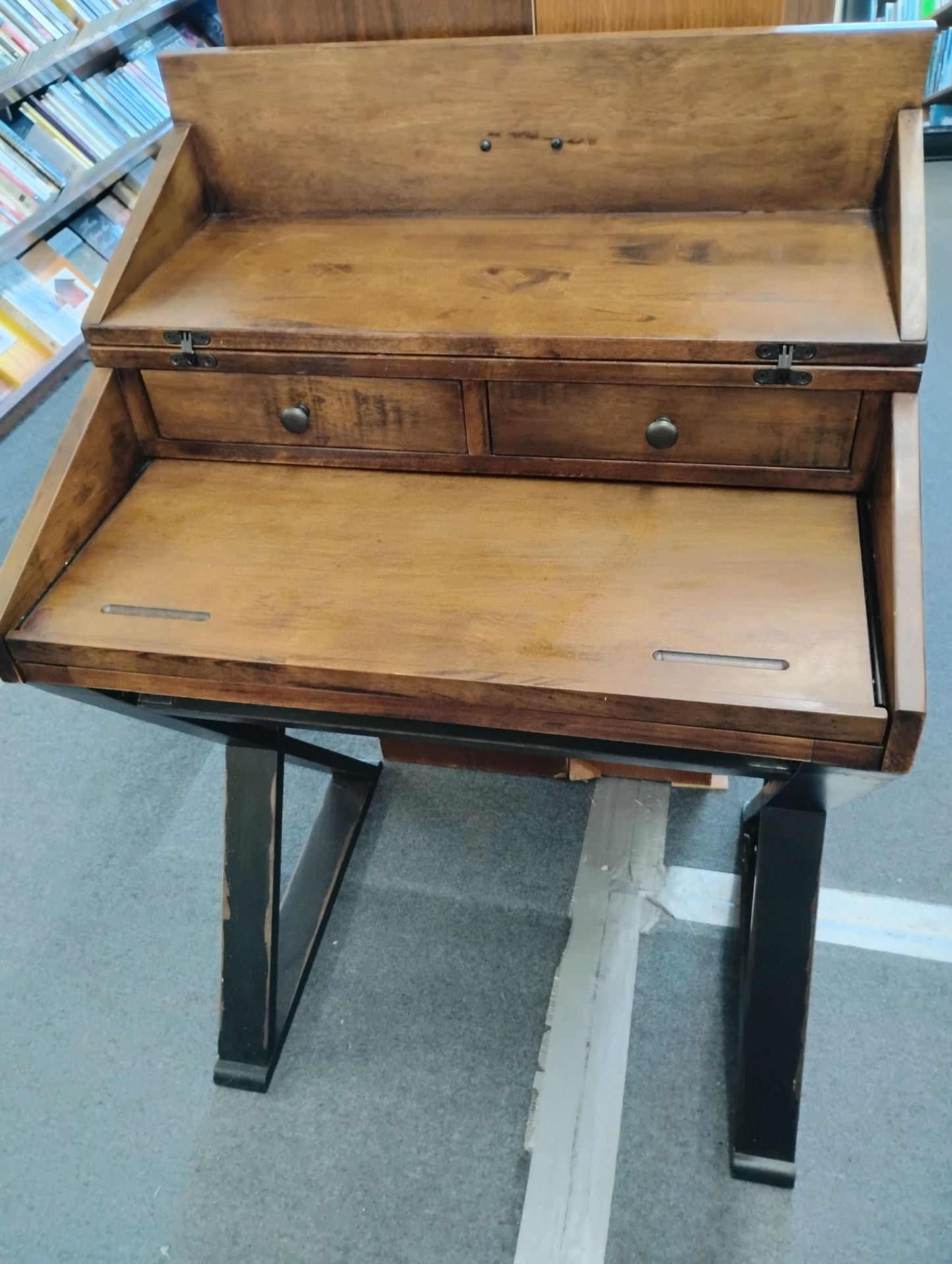 Distressed Antique Cognac and Black Wood Secretary Desk